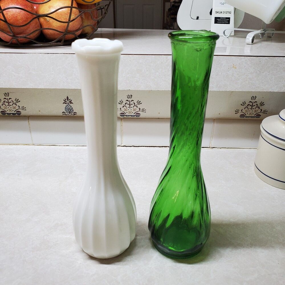 VTG Set of 2 (9") Bud Vases White CLG Milk Glass & Emerald Green Hoosier 4094